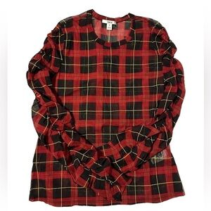 *CLEARANCE* Bar III sheer chiffon ruched sleeve red & black plaid long sleeve